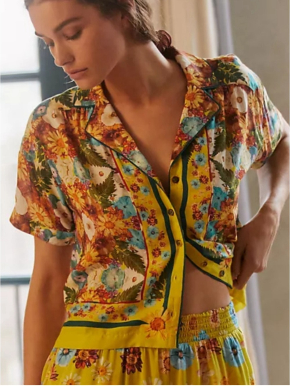 Moxy Collective x Anthropologie Floral Button Down Shirt Women's Large Yellow